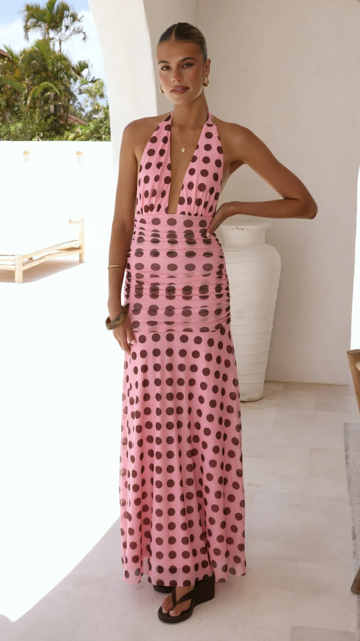 Kya Maxi Dress (Pink Brown Polka)