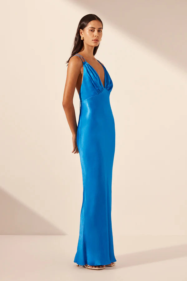 Nora Plunged Double Strap Maxi Dress (Aqua) First Date Rentals