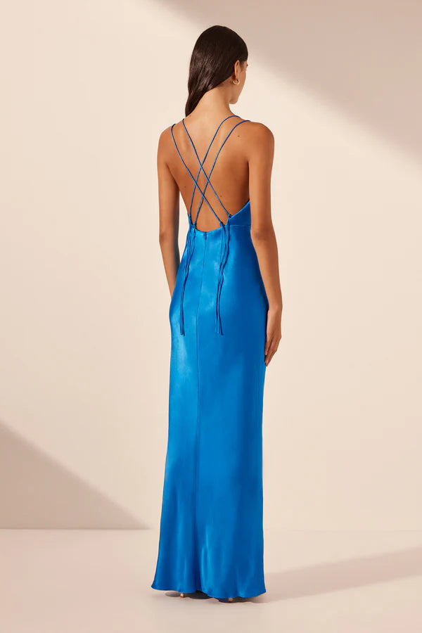 【misty blue】Riviera Double Bow Dress Nora Plunged Double Strap Maxi Dress (Aqua) - First Date Rentals