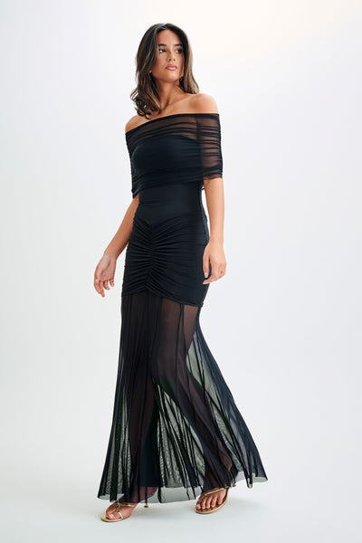 Caspian Slinky And Mesh Off Shoulder Maxi Dress (Black)