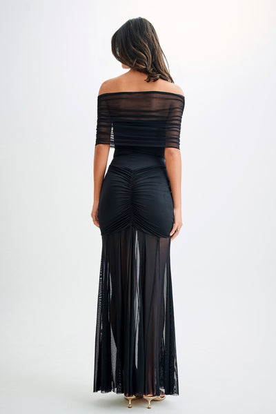 Caspian Slinky And Mesh Off Shoulder Maxi Dress (Black)