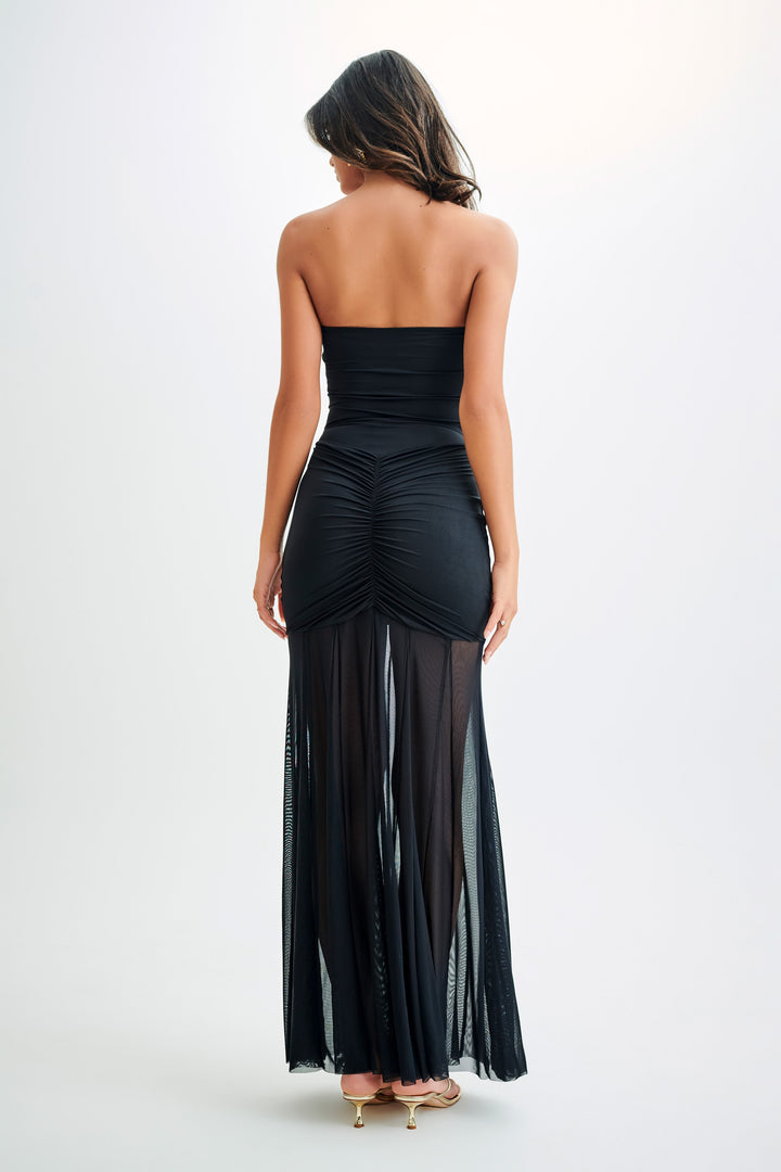 Caspian Slinky And Mesh Off Shoulder Maxi Dress (Black) - First Date Rentals