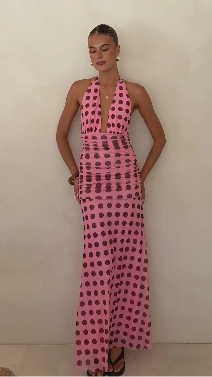 Kya Maxi Dress (Pink Brown Polka)