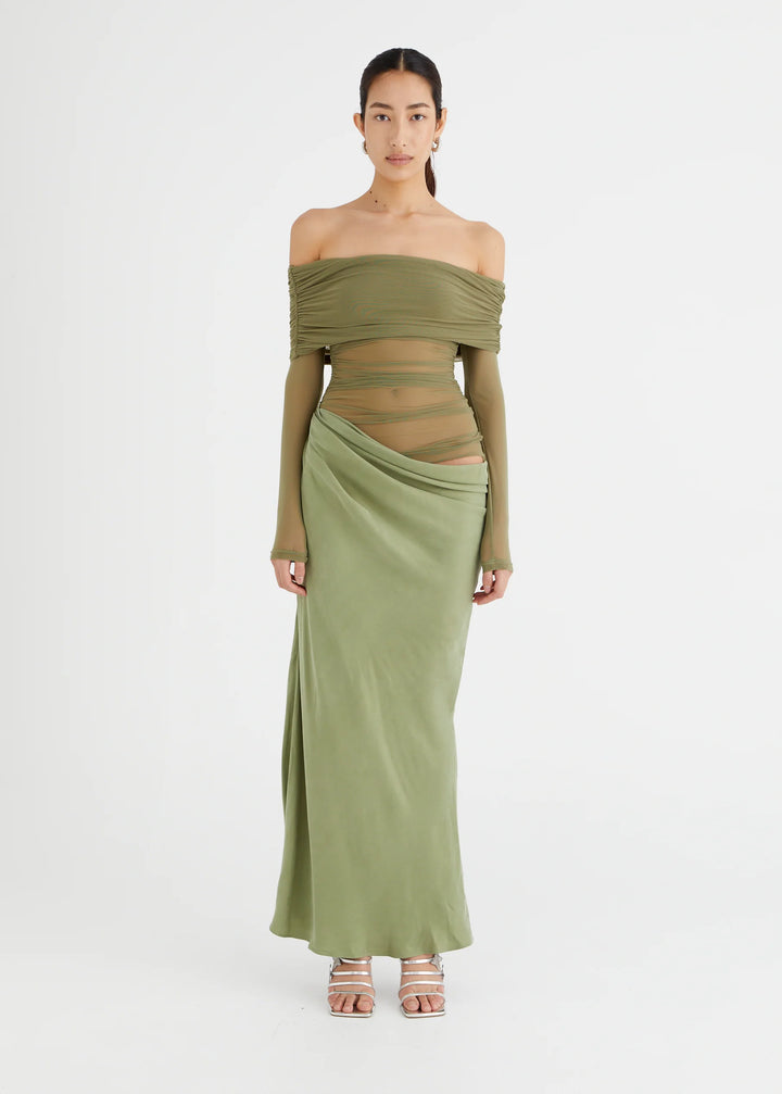 Yasmin Off-Shoulder Maxi Dress (Green) - First Date Rentals