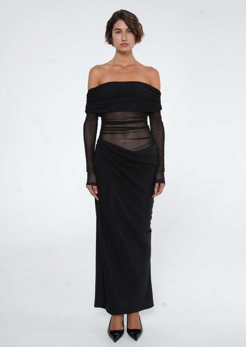 Yasmin Off-Shoulder Maxi Dress (Black) - First Date Rentals