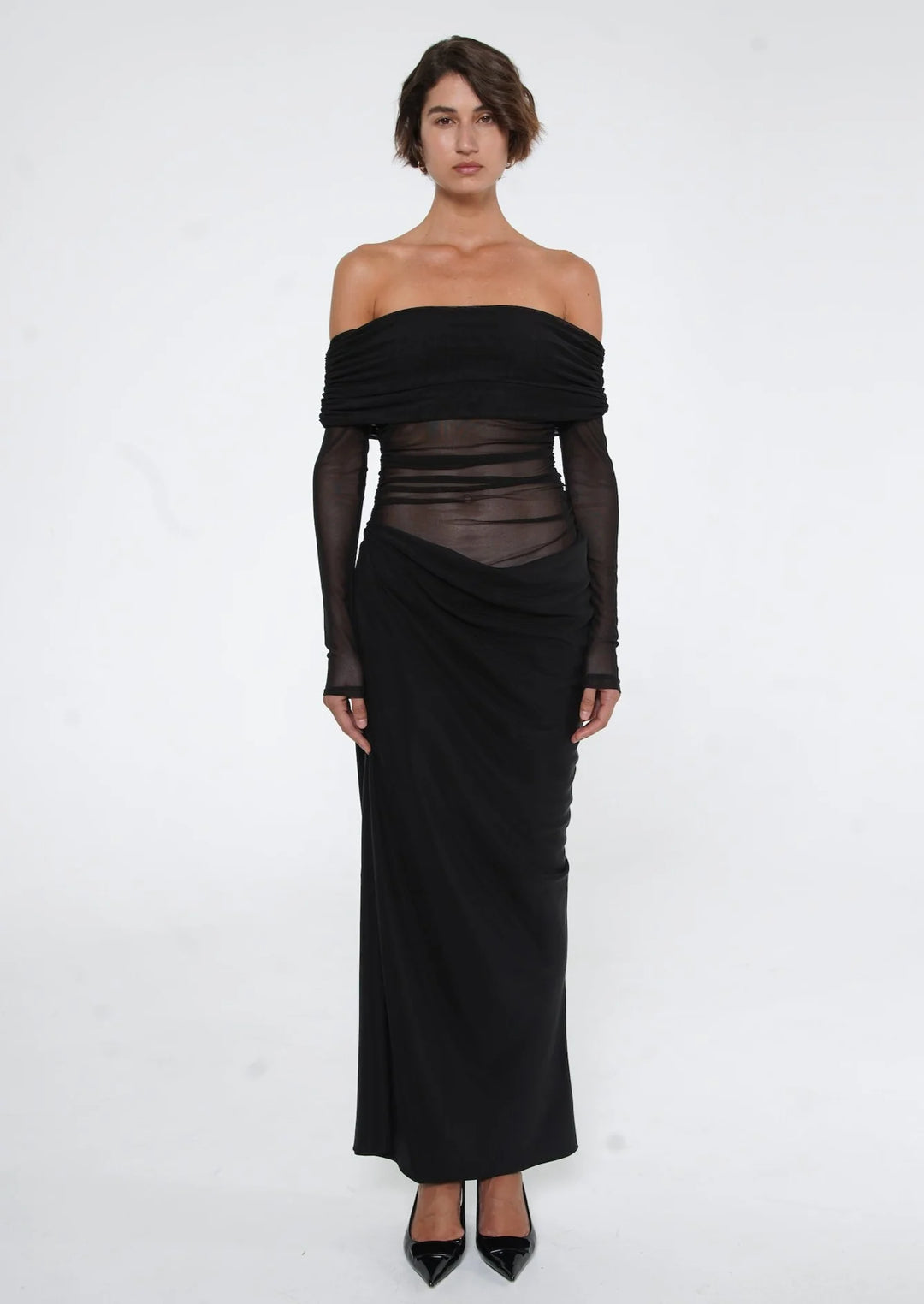 Yasmin Off-Shoulder Maxi Dress (Black) - First Date Rentals