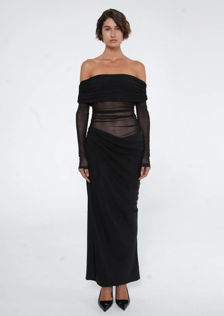 Yasmin Off-Shoulder Maxi Dress (Black) - First Date Rentals