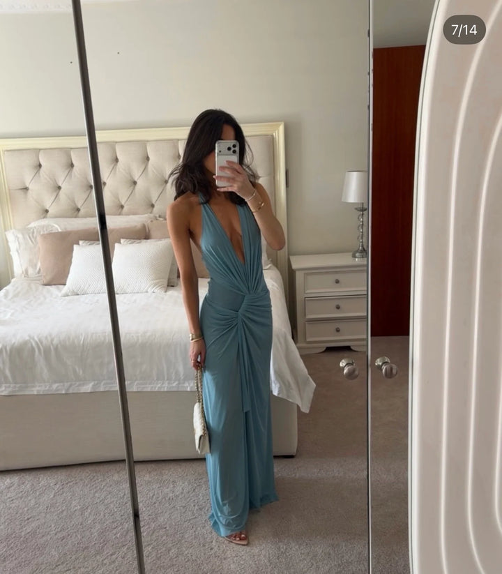 Xanthi V Neck Maxi Dress (Bermuda Blue)