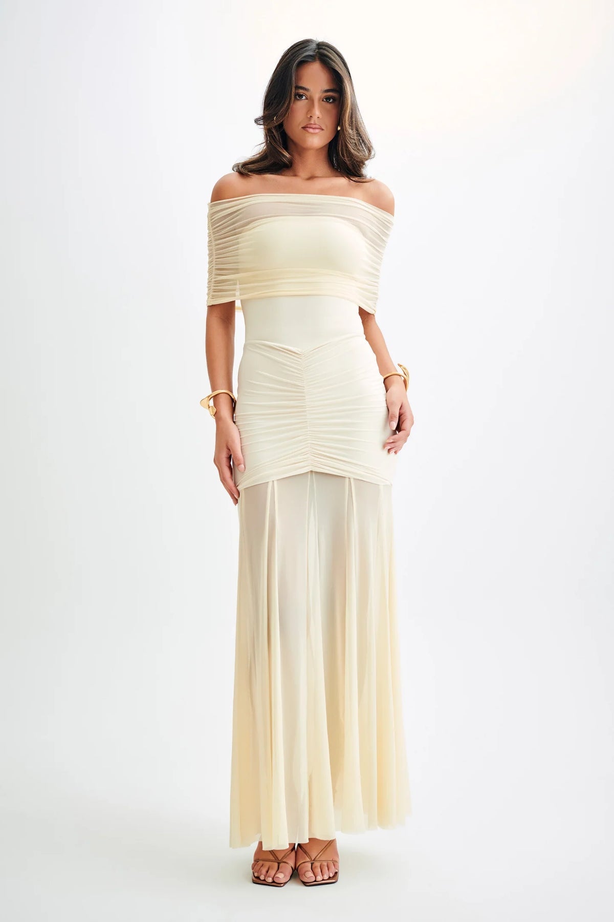 Caspian Slinky And Mesh Off Shoulder Maxi Dress (Cream) FOR SALE