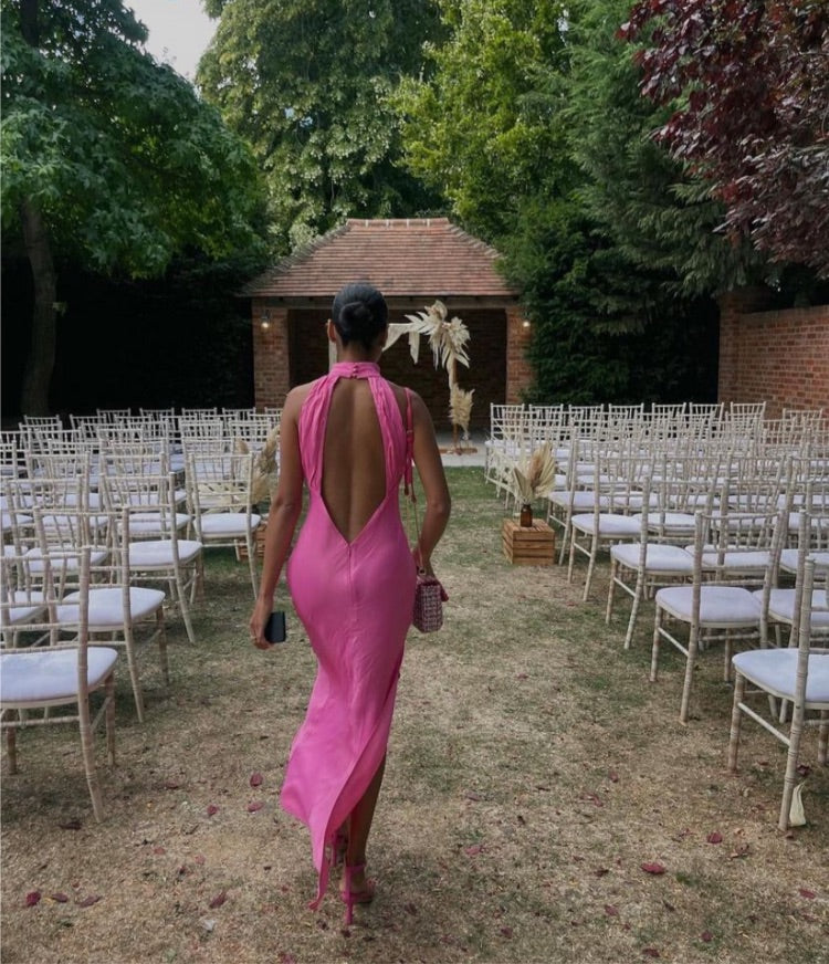 claire satin drape back maxi dress with split - pink Claire Satin Drape Back Maxi Dress - Rosewater