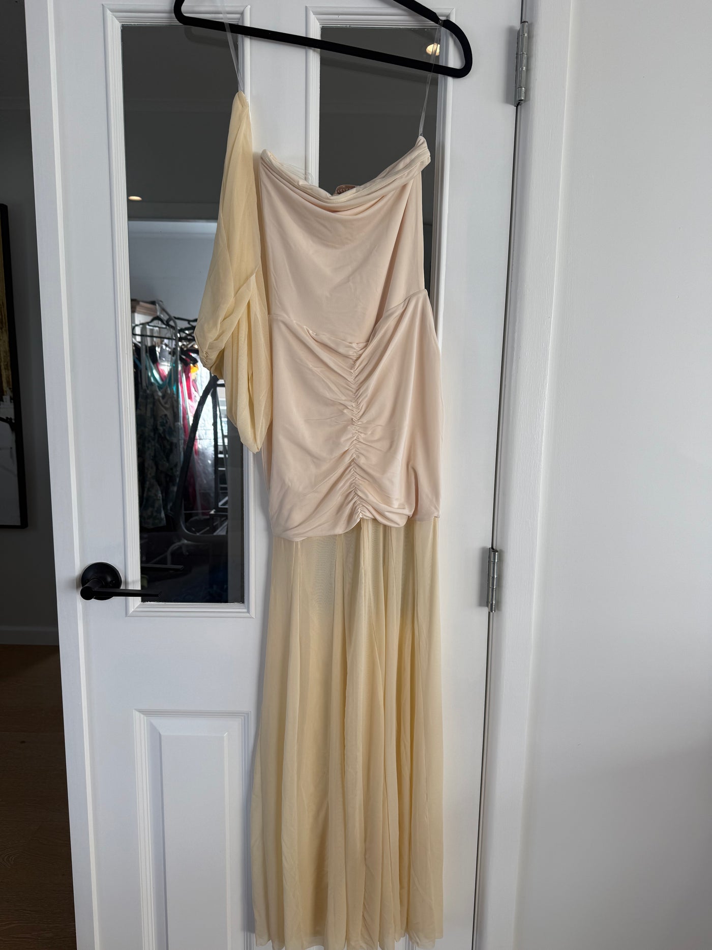 Caspian Slinky And Mesh Off Shoulder Maxi Dress (Cream) FOR SALE