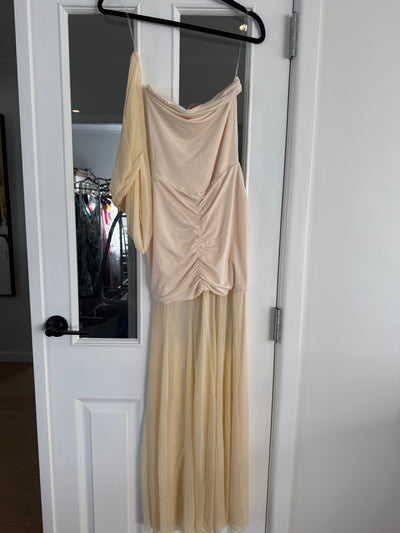 Caspian Slinky And Mesh Off Shoulder Maxi Dress (Cream) FOR SALE