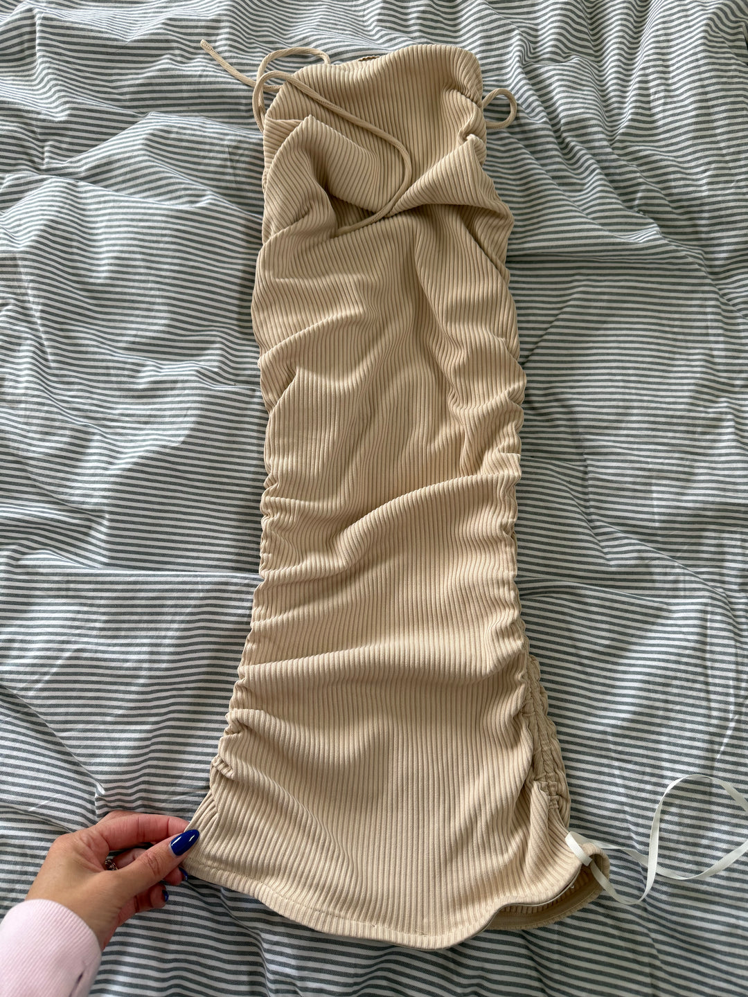 Nude Drawstring Strapless Mini FOR SALE - First Date Rentals