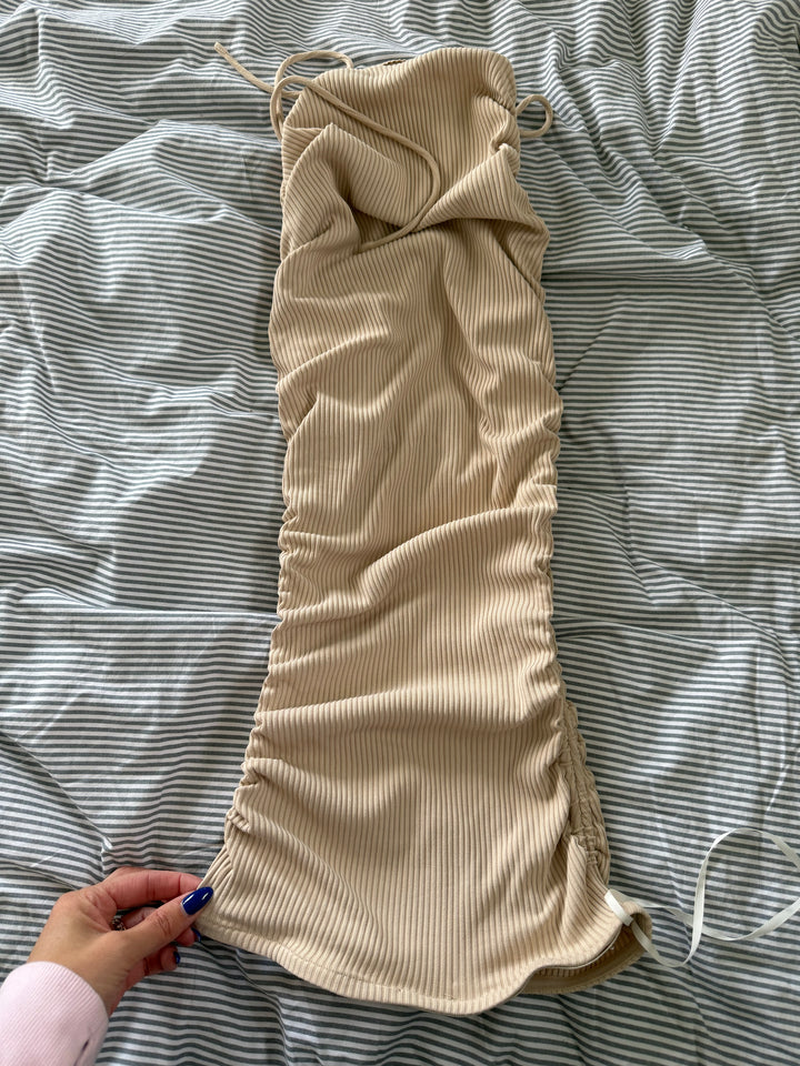 Nude Drawstring Strapless Mini FOR SALE - First Date Rentals
