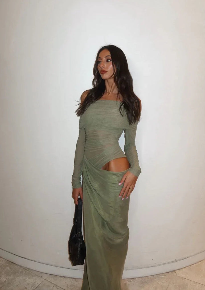 Yasmin Off-Shoulder Maxi Dress (Green) - First Date Rentals
