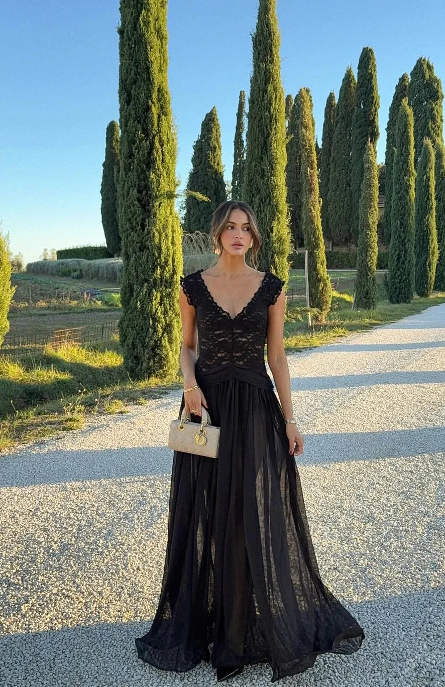 fancy formal dresses in pakistan [Final Sale] Slate Blue Lace Open Back Floor Length Silky Chiffon Formal Evening Mother Dress Slate Blue / XL / N16 main image 0