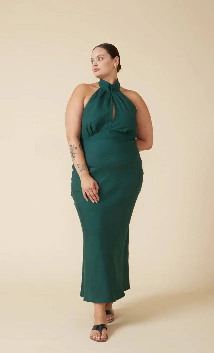 Gigi Linen Halter Dress Emerald