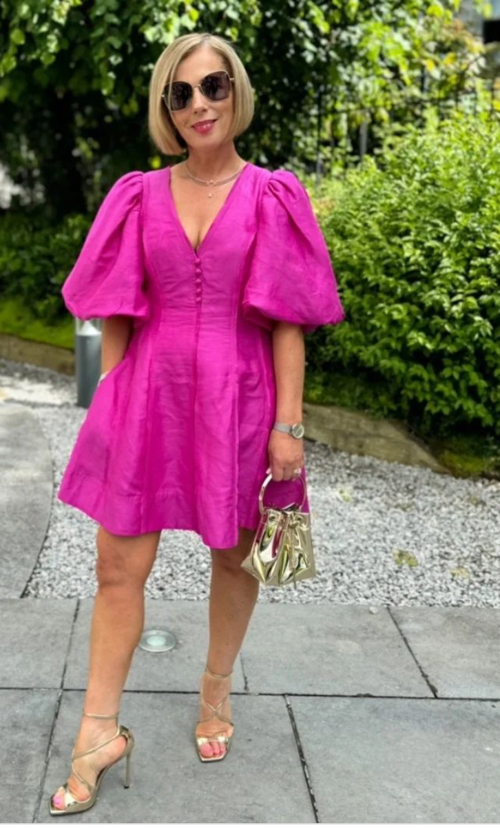 Dusk Puff Sleeve Mini Dress (Fuchsia) - First Date Rentals