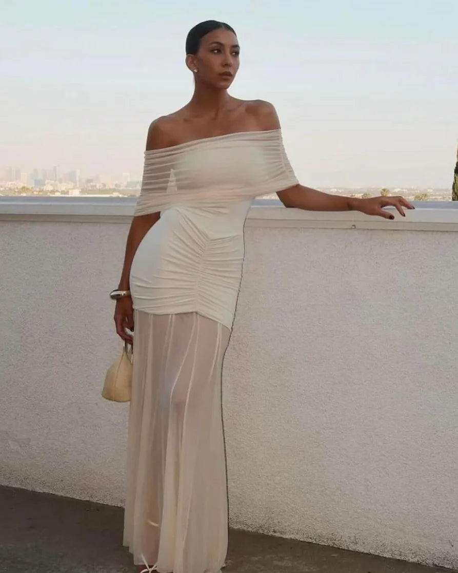 Caspian Slinky And Mesh Off Shoulder Maxi Dress (Cream) FOR SALE