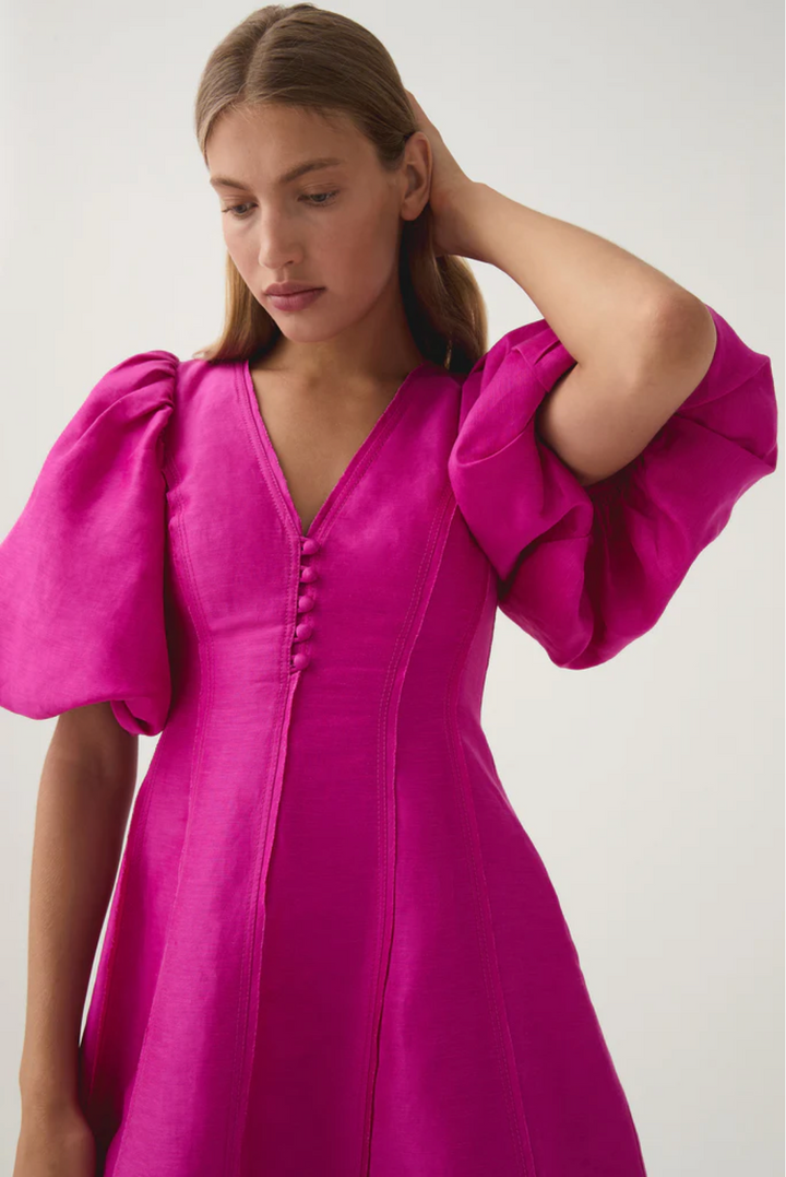 Dusk Puff Sleeve Mini Dress (Fuchsia) - First Date Rentals