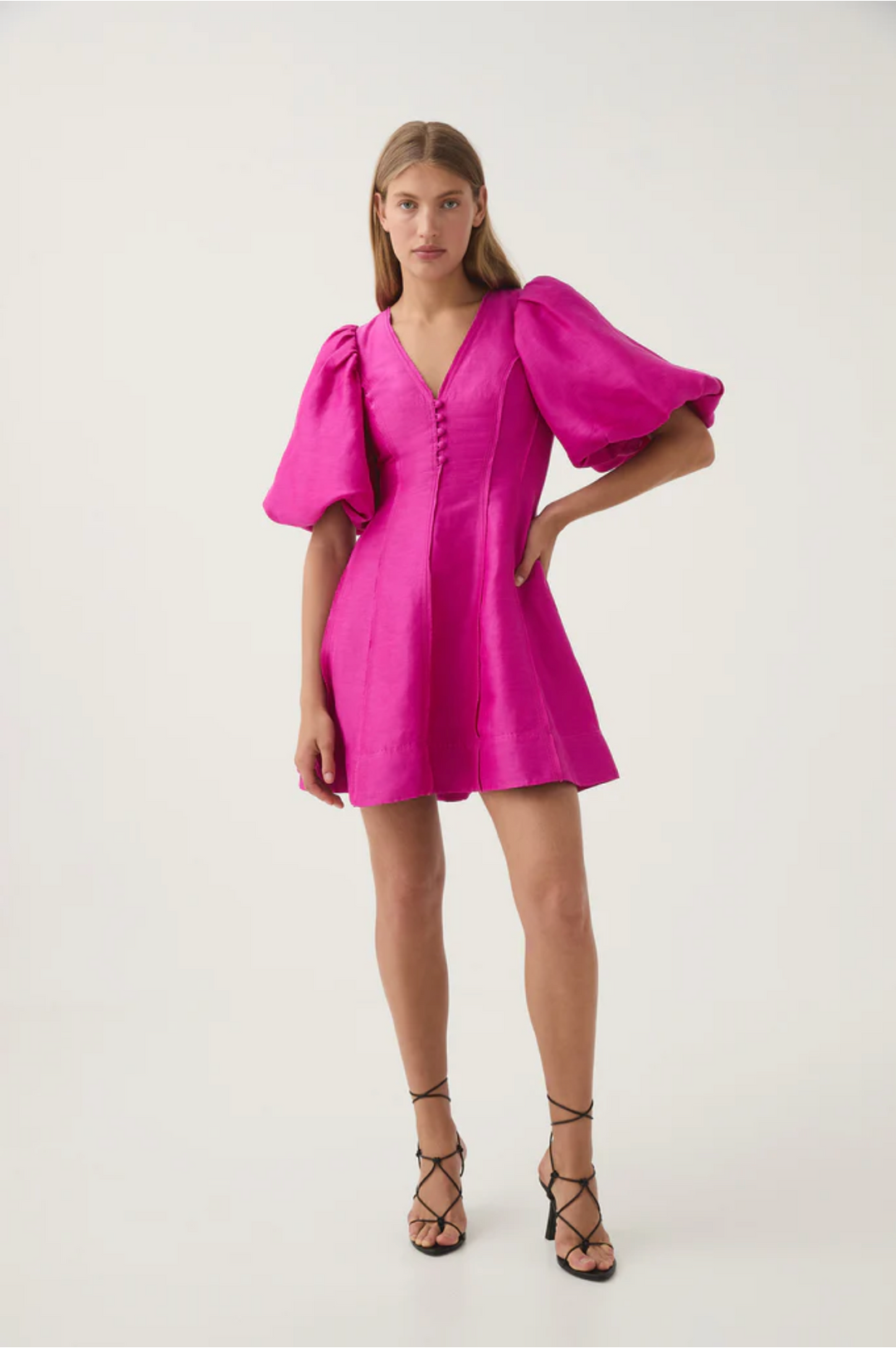 Dusk Puff Sleeve Mini Dress (Fuchsia) - First Date Rentals