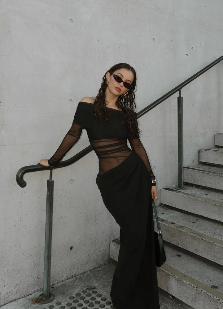 Yasmin Off-Shoulder Maxi Dress (Black) - First Date Rentals