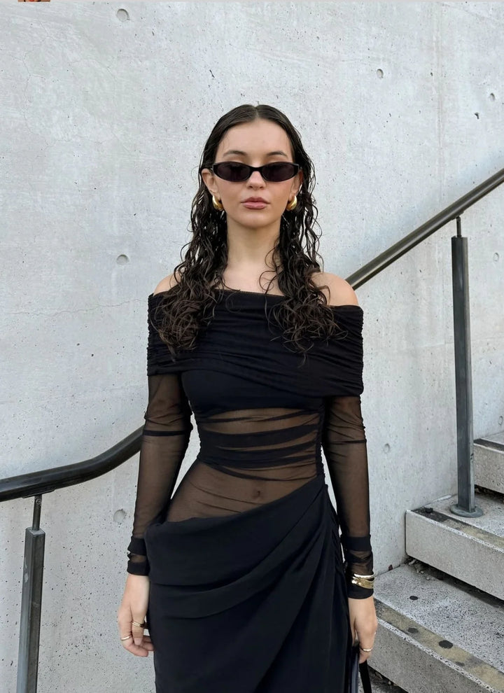 Yasmin Off-Shoulder Maxi Dress (Black) - First Date Rentals