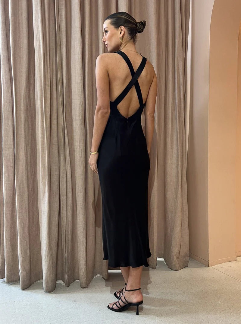 CAMILLE LACE CROSS BACK MIDI (Black) - First Date Rentals