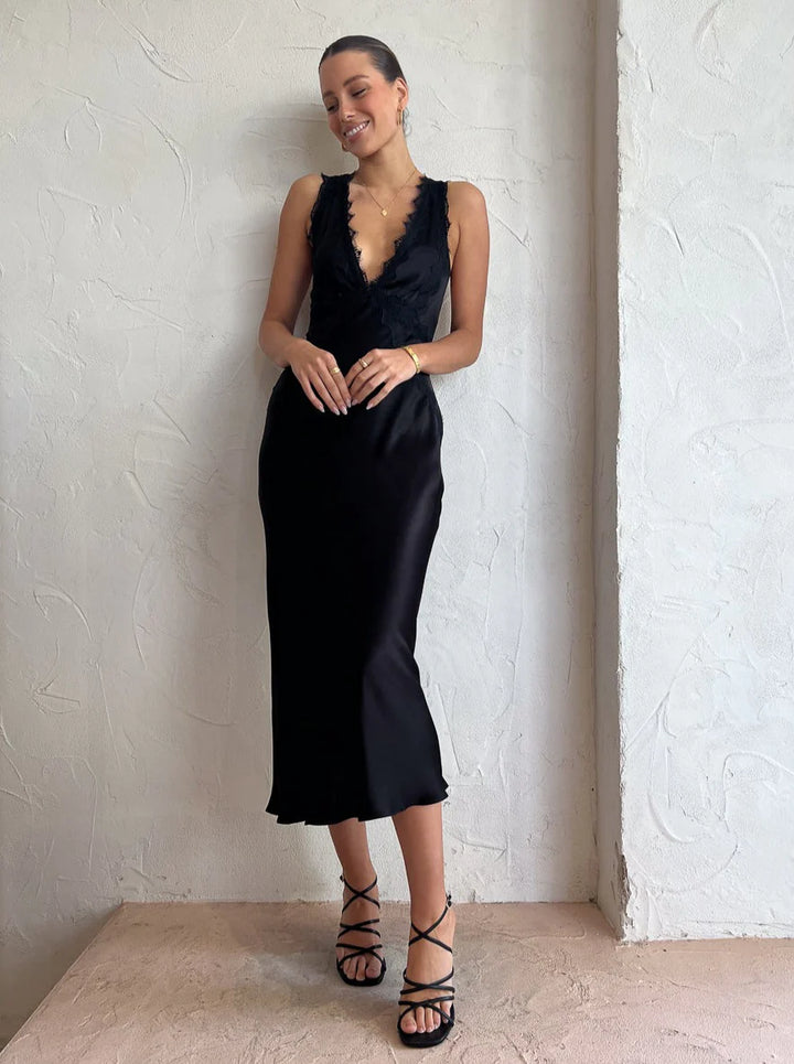CAMILLE LACE CROSS BACK MIDI (Black) - First Date Rentals