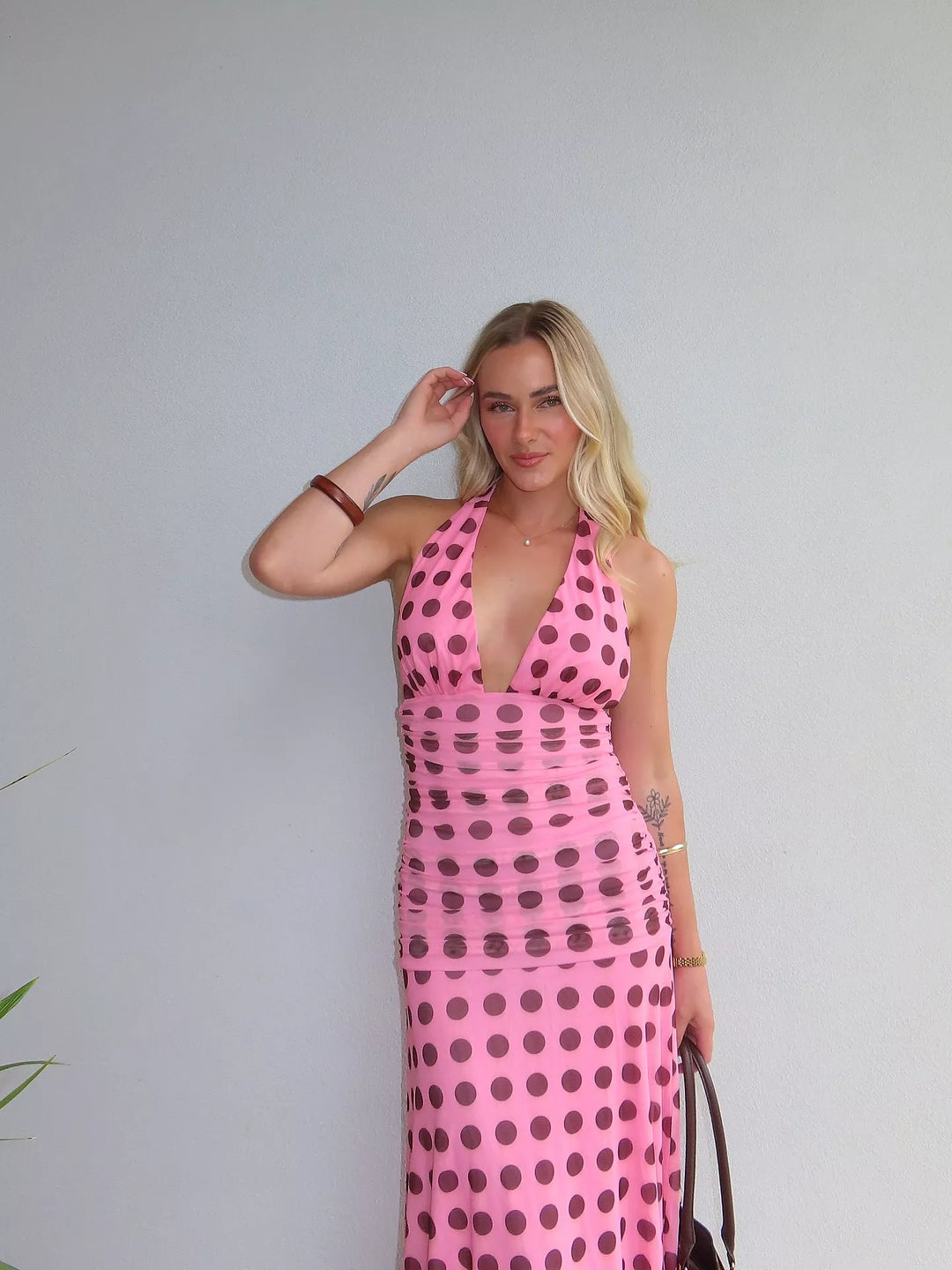 Kya Maxi Dress (Pink Brown Polka)
