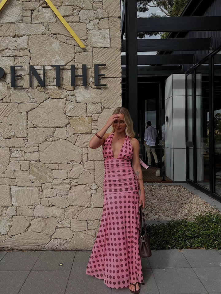 Kya Maxi Dress (Pink Brown Polka)