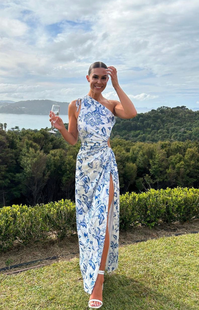 slim fit dress slacks Blaise Blue Satin Maxi Dress - US 4